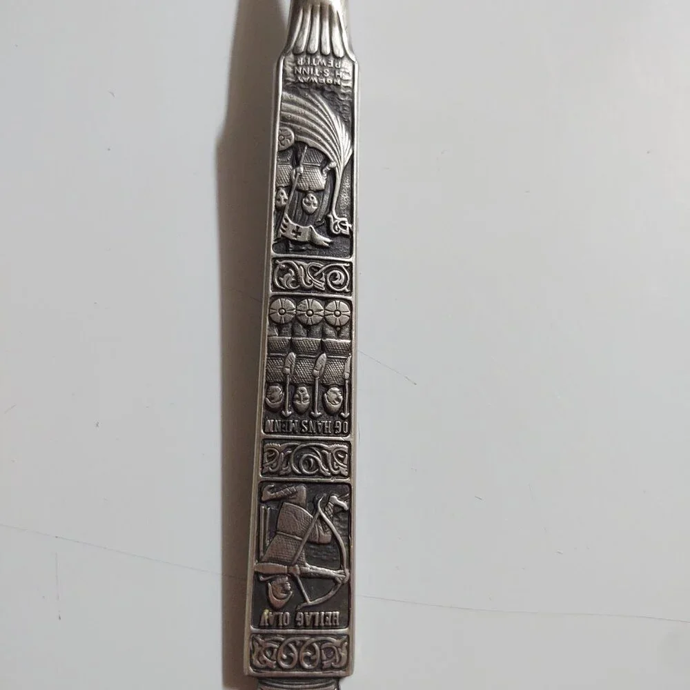 H S Tinn Pewter Handle Cheese Slicer Viking Ship Stave Church Heilag Olav Hans